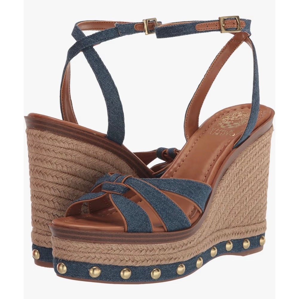 Vince Camuto Poula Denim Espadrille Wedge Sandals Indigo Gold Studded 9M NEW - Picture 1 of 12